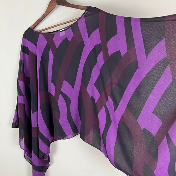 Draped Blouse Top Womens Large‎ Purple Black Sheer Geometric Statement Sleeve 14 - Picture 7 of 16